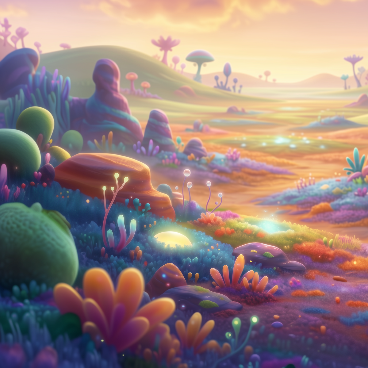 A colorful fantasy landscape artwork with glowing mushrooms, rounded foliage, and rolling hills under a warm golden sky.