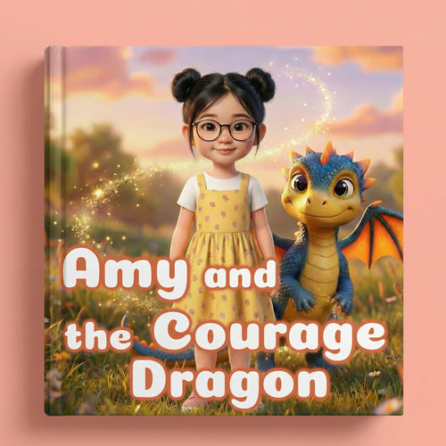 Book cover of "Amy and the Courage Dragon" showing a 3D-illustrated dark-haired girl with bun pigtails and glasses in a yellow floral dress, standing beside a friendly blue baby dragon in a magical glowing meadow at sunset.