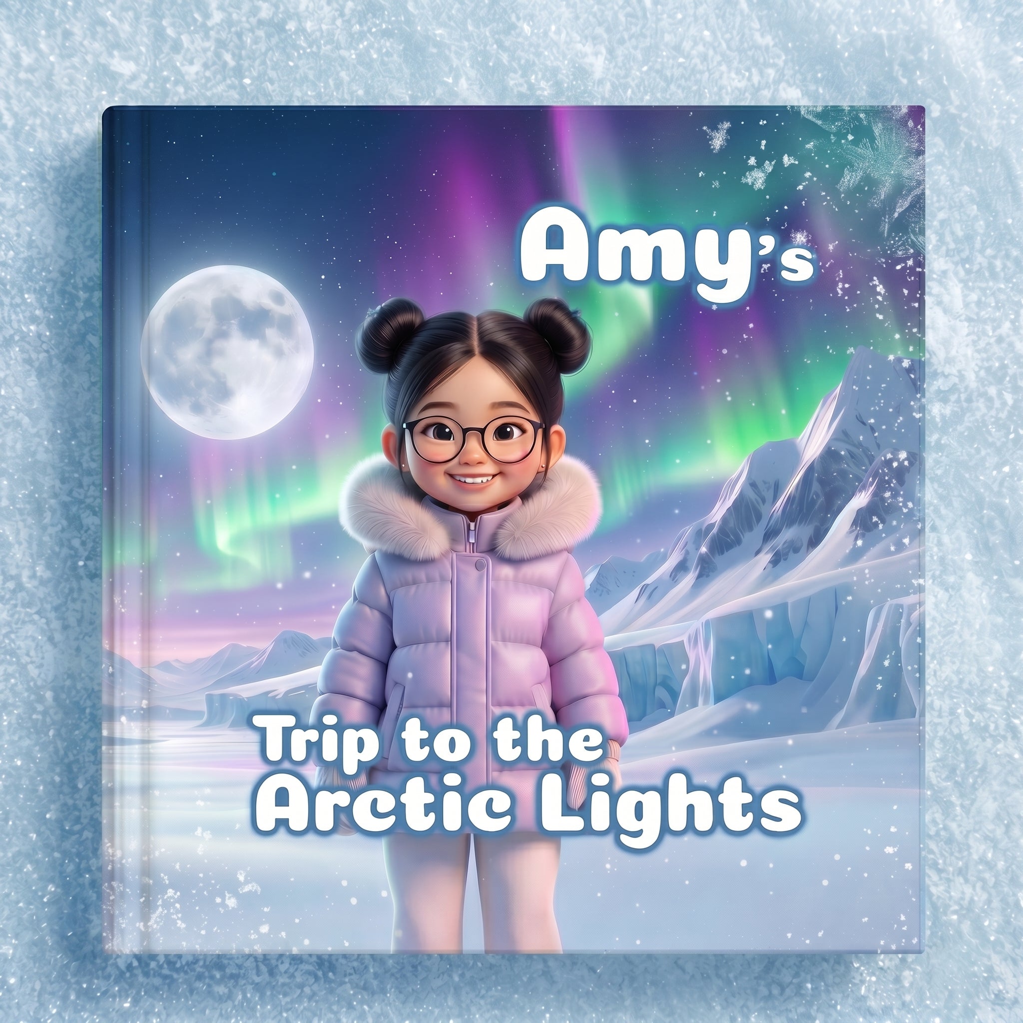 Book cover of "Amy's Trip to the Arctic Lights" showing a 3D-illustrated dark-haired girl with bun pigtails and glasses in a pink puffer jacket, standing on a snowy Arctic landscape under a stunning aurora borealis and full moon.