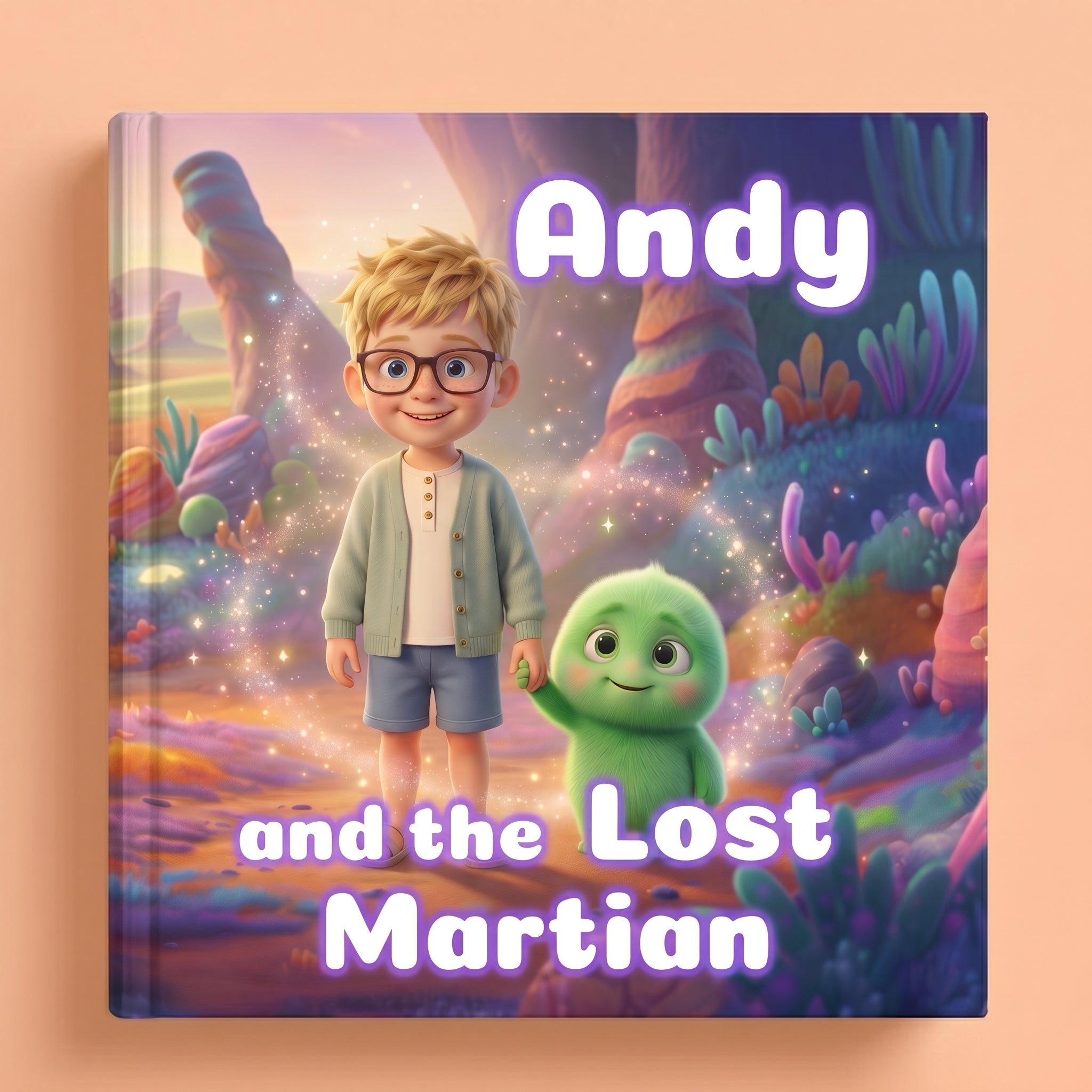 Book cover of "Andy and the Lost Martian" showing a 3D-illustrated blonde boy with glasses standing next to a small fluffy green alien creature in a glowing, colorful alien landscape.