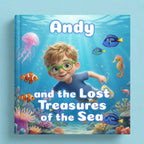Book cover of "Andy and the Lost Treasures of the Sea" showing a 3D-illustrated blonde boy with green glasses swimming underwater among colorful sea creatures including clownfish, a blue tang, a seahorse, and a jellyfish above a vibrant coral reef.