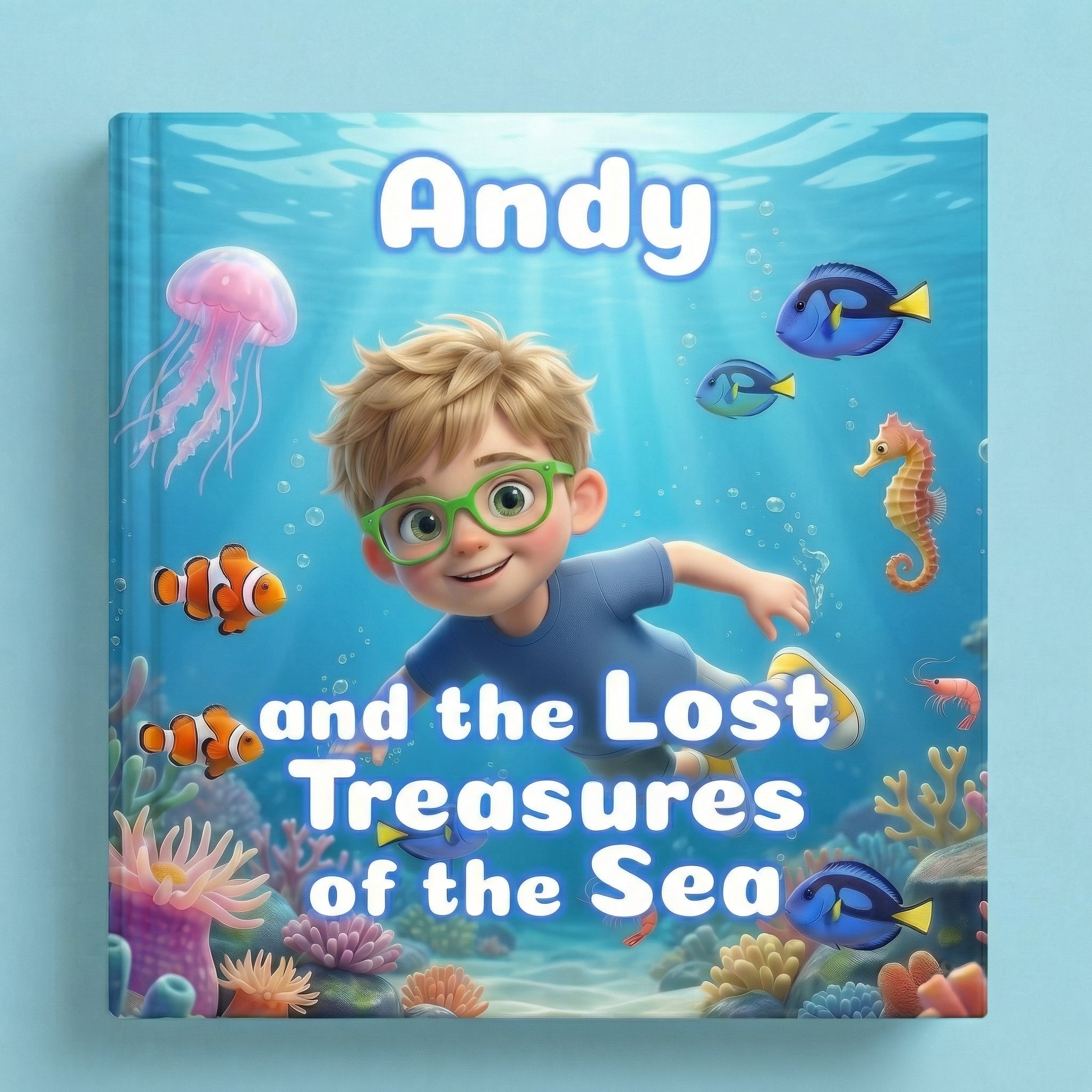 Book cover of "Andy and the Lost Treasures of the Sea" showing a 3D-illustrated blonde boy with green glasses swimming underwater among colorful sea creatures including clownfish, a blue tang, a seahorse, and a jellyfish above a vibrant coral reef.