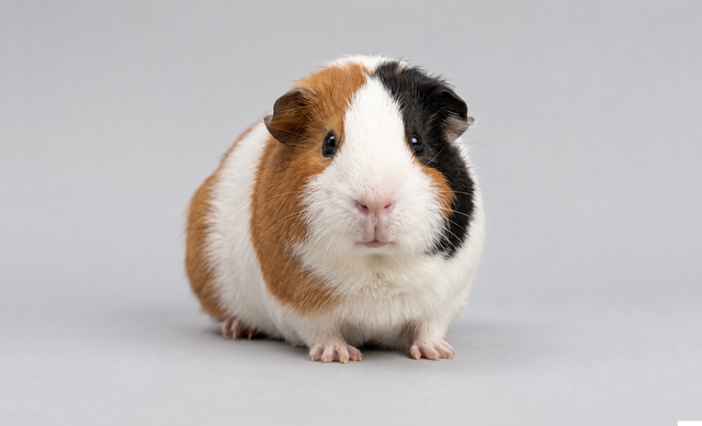 A tri-color guinea pig with white, brown, and black fur, sitting facing forward against a solid light gray background.
