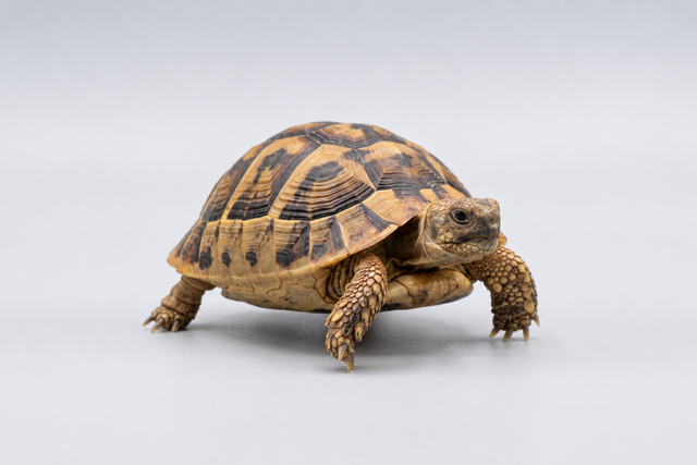 A small tortoise with a patterned tan and brown shell and legs, standing on a light gray studio background.