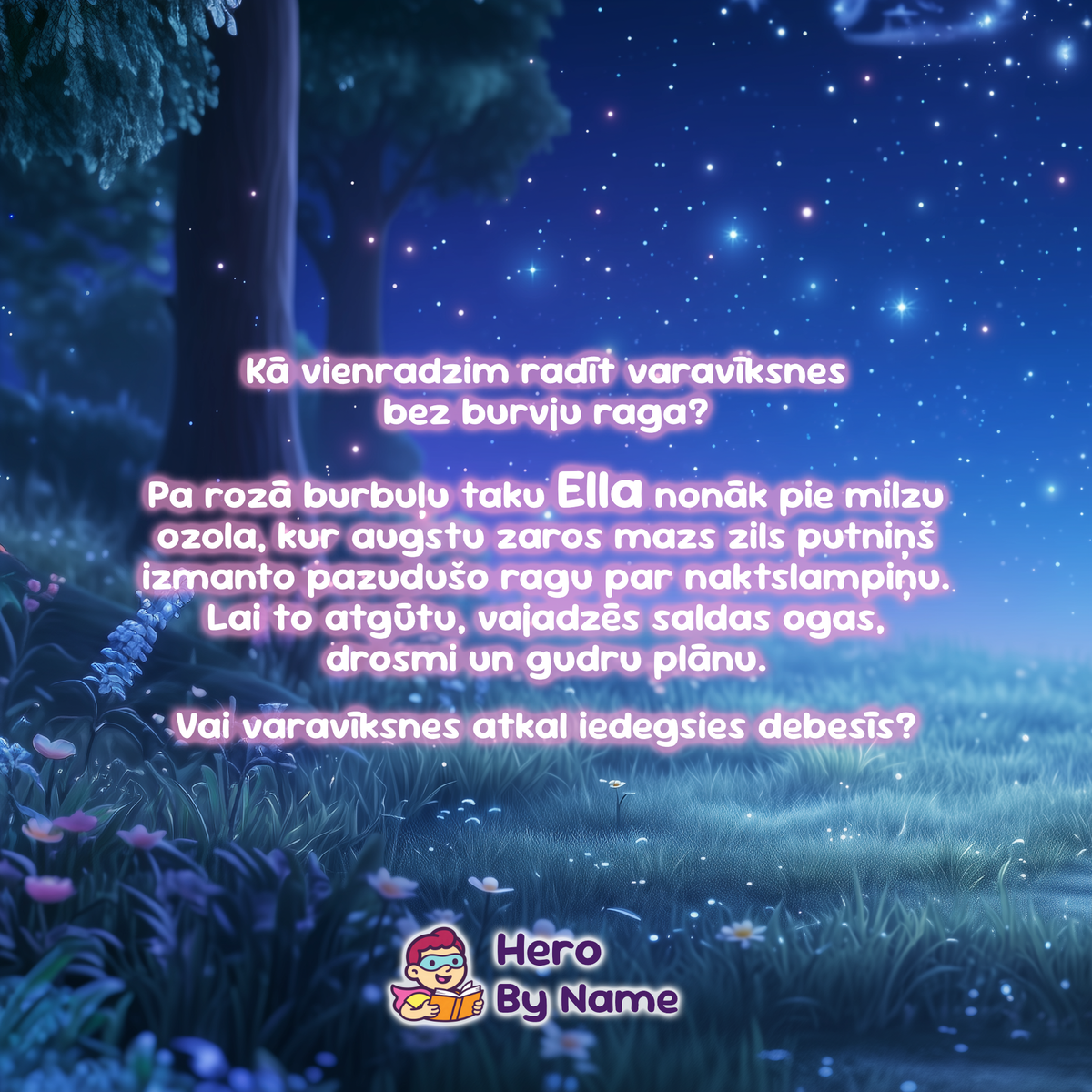 A digital graphic featuring a romantic, starry night forest scene with glowing blue and purple stars, a tree, and a meadow of flowers. Overlaid in Latvian text is a romantic poem, and at the bottom is a cartoon character logo with the text 'Hero By Name'.