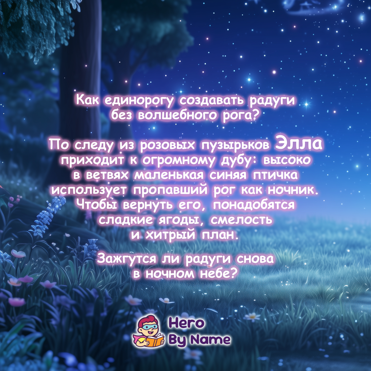 A digital graphic featuring a Russian text poem about creating blue tears for a unicorn, styled with glowing pink text over a whimsical night sky forest illustration. The brand logo 'Hero By Name' is visible at the bottom.