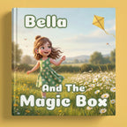 Book cover with a girl in a field and a kite, titled 'Bella and the Magic Box'.