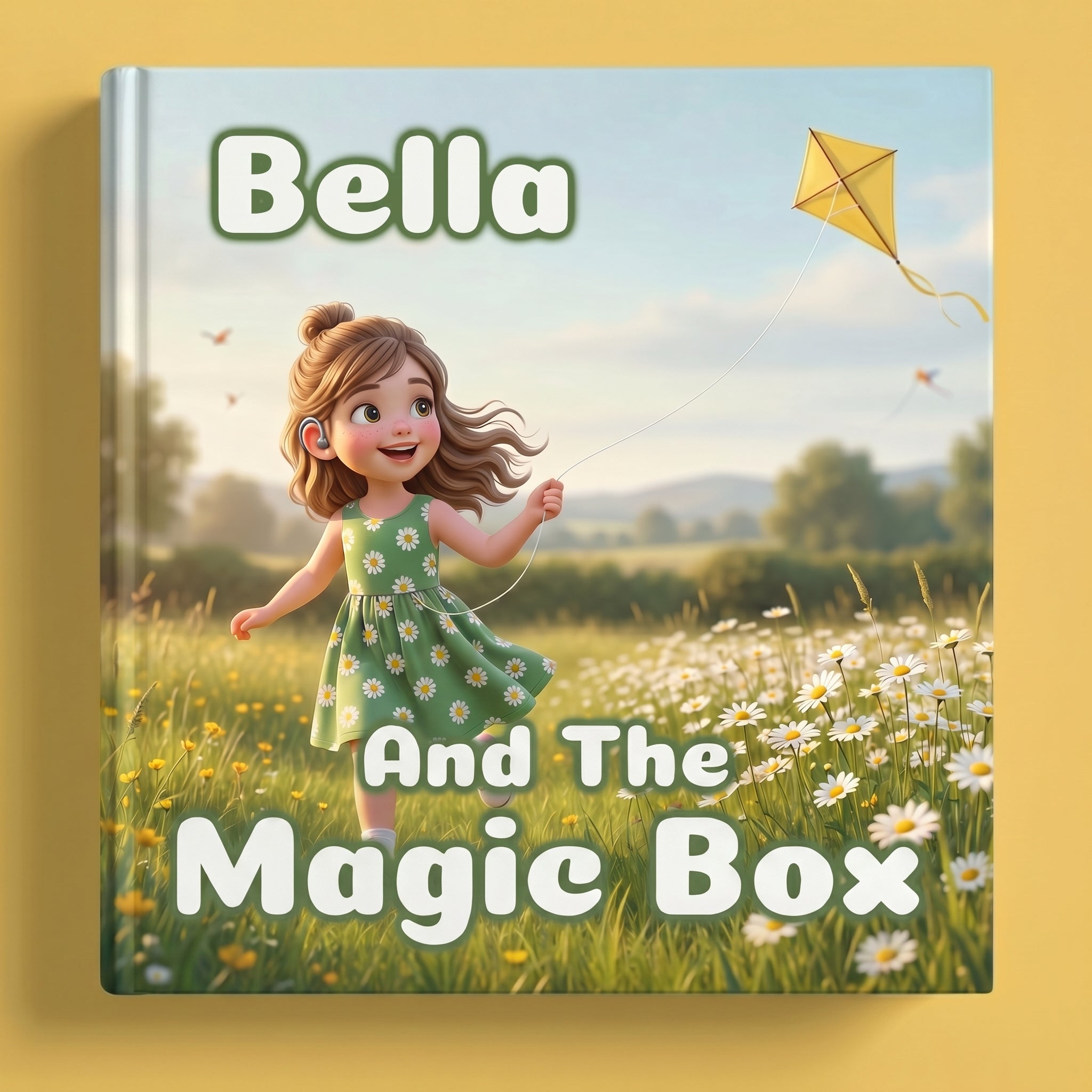 Book cover with a girl in a field and a kite, titled 'Bella and the Magic Box'.