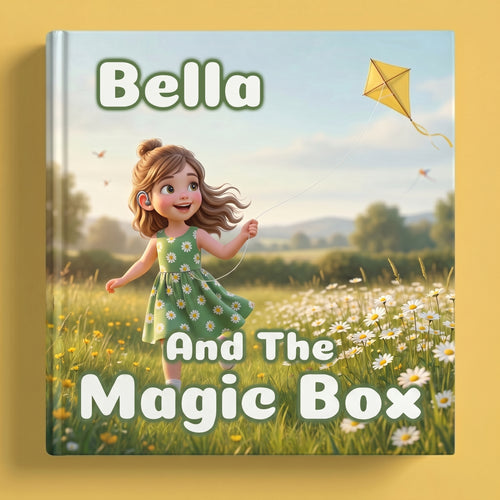 Book cover with a girl in a field and a kite, titled 'Bella and the Magic Box'.