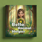 Book cover of "Bella: Animal Helper" showing a 3D-illustrated brown-haired girl in a ranger outfit holding a glowing bouquet of flowers in a sunlit enchanted forest surrounded by colorful wildflowers.
