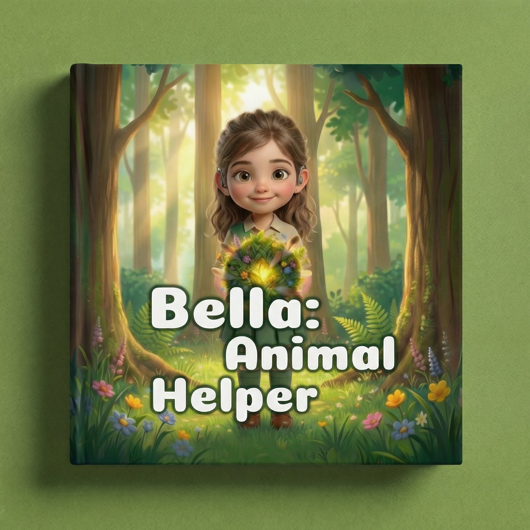 Book cover of "Bella: Animal Helper" showing a 3D-illustrated brown-haired girl in a ranger outfit holding a glowing bouquet of flowers in a sunlit enchanted forest surrounded by colorful wildflowers.