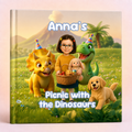 A personalized children's picture book cover shown standing upright against a soft pink background. The cover features a colorful illustration of a girl wearing glasses, holding a basket and plush toy, surrounded by cartoon dinosaurs and a puppy under the title 'Picnic with the Dinosaurs' and the name 'Anna's'.