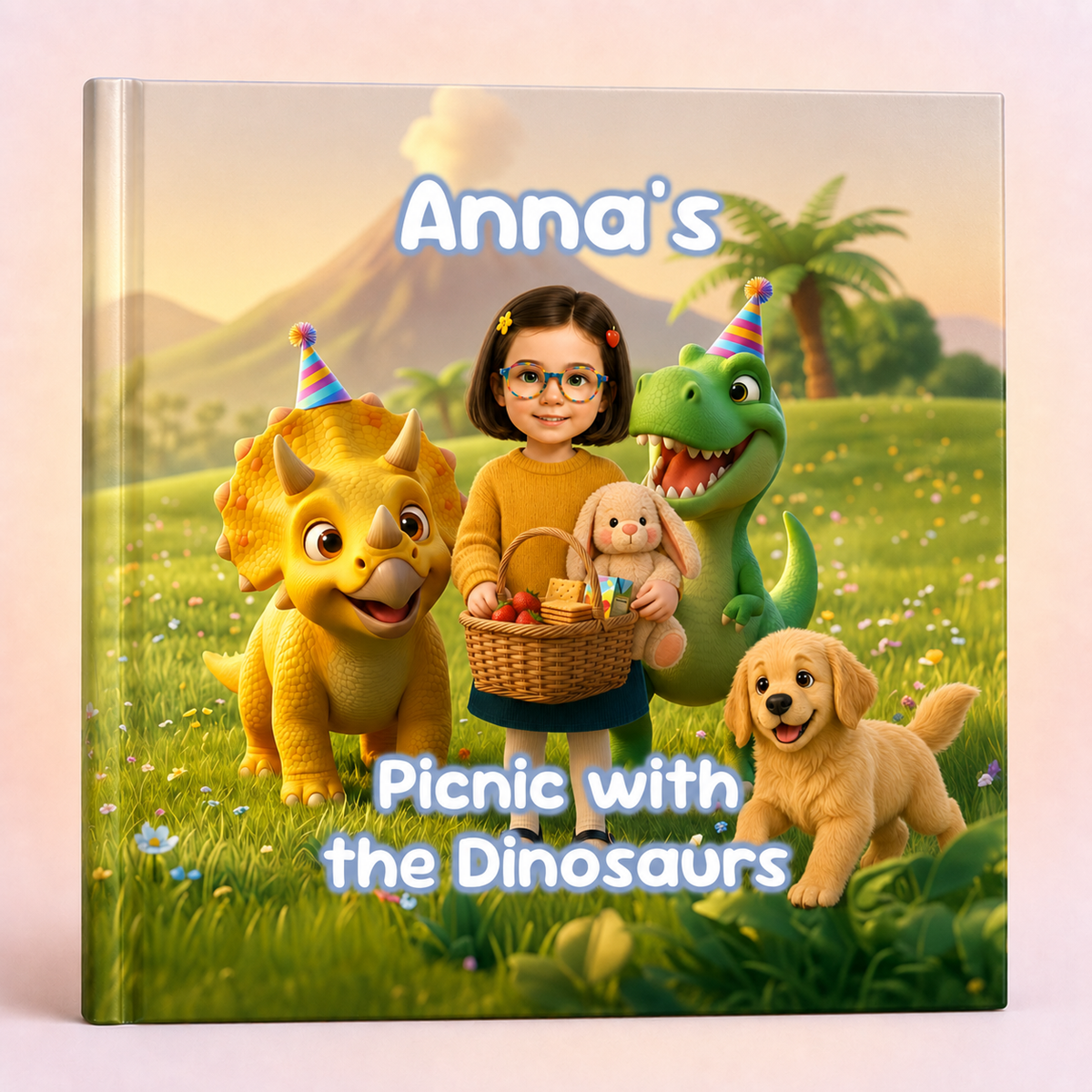 A personalized children's picture book cover shown standing upright against a soft pink background. The cover features a colorful illustration of a girl wearing glasses, holding a basket and plush toy, surrounded by cartoon dinosaurs and a puppy under the title 'Picnic with the Dinosaurs' and the name 'Anna's'.