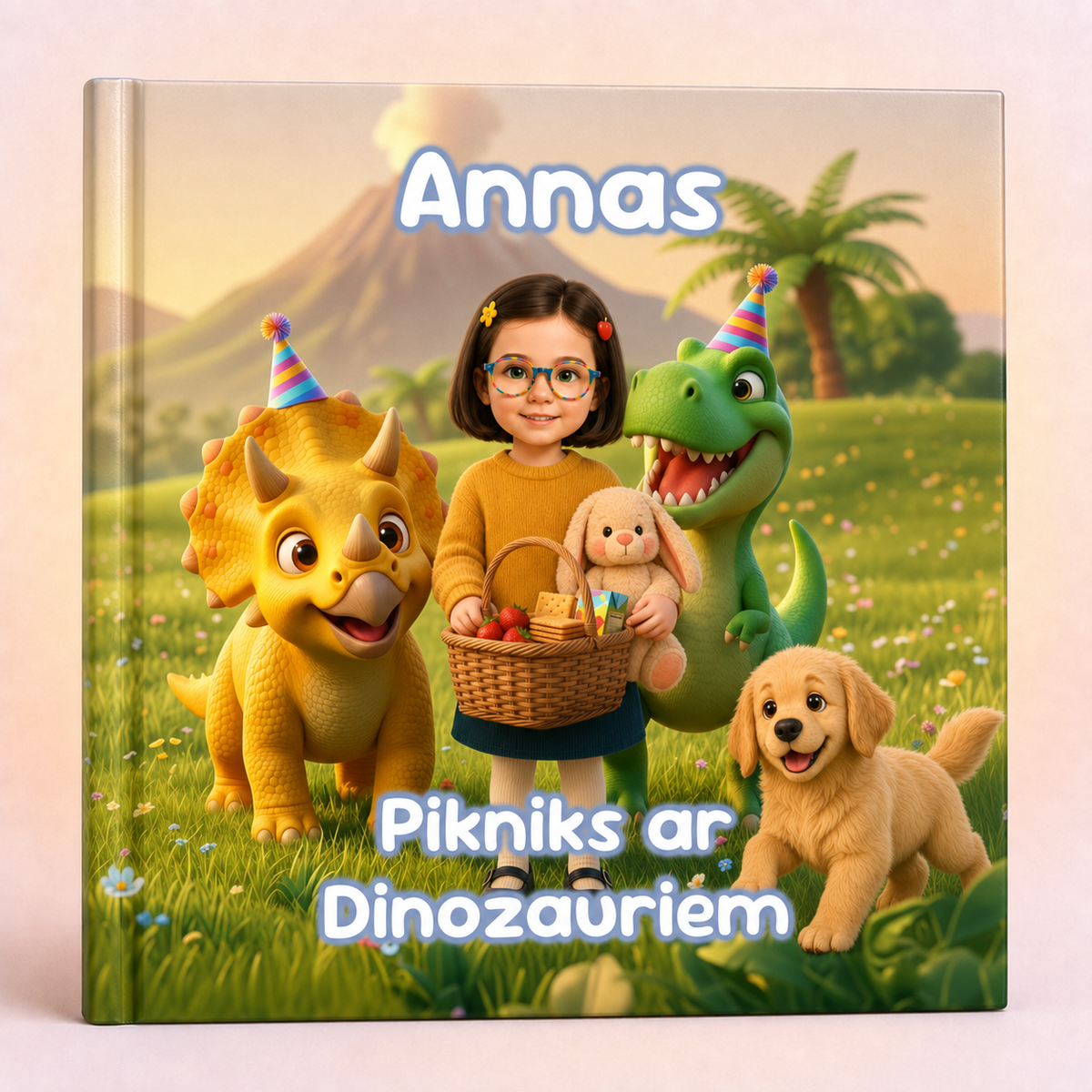 A personalized hardcover children's book with a colorful cover illustration showing a girl with glasses standing in a grassy field with cartoon dinosaurs and a puppy. The cover has the name 'Annas' at the top and the Lithuanian text 'Pikniks ar Dinozauriém' at the bottom.