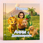 A custom hardcover children's book cover featuring a cartoon illustration of a girl with glasses, a triceratops, a green dinosaur, a puppy, and a bunny in a grassy field with a volcano in the background. The cover has Russian text 'Путим' at the top and 'Ати зданий' at the bottom.