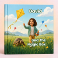 A hardcover children's book standing upright on a pale pink surface. The cover shows an illustrated outdoor scene with a young child holding a yellow kite, a turtle at the grass, mountains, and the text 'David and the Magic Box'.