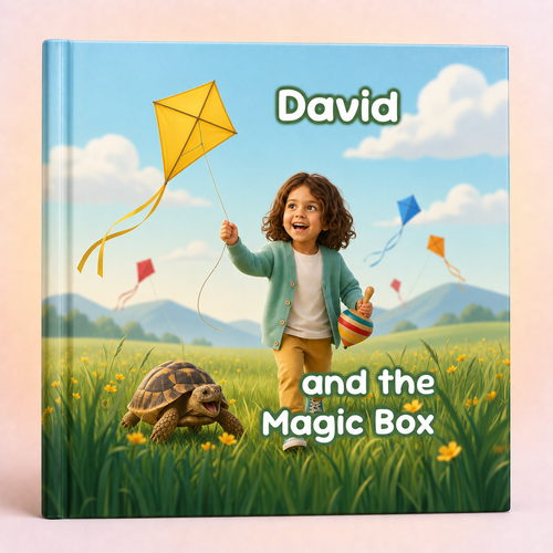 A hardcover children's book standing upright on a pale pink surface. The cover shows an illustrated outdoor scene with a young child holding a yellow kite, a turtle at the grass, mountains, and the text 'David and the Magic Box'.