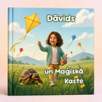 A personalized children's book cover shown standing upright against a soft pink background. The cover features an illustrated scene of a smiling child running through a grassy field with a turtle, holding a yellow kite, with the text 'Dävids un Magiskä Kaste' on the front.