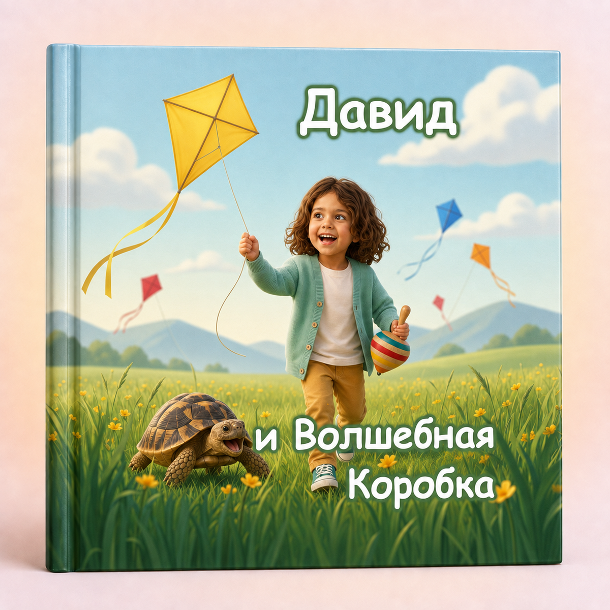 A hardcover children's book standing upright on a pale pink surface. The cover shows an illustrated outdoor scene with a smiling child holding a yellow kite in a grassy field, with a turtle nearby and Russian text on the front.
