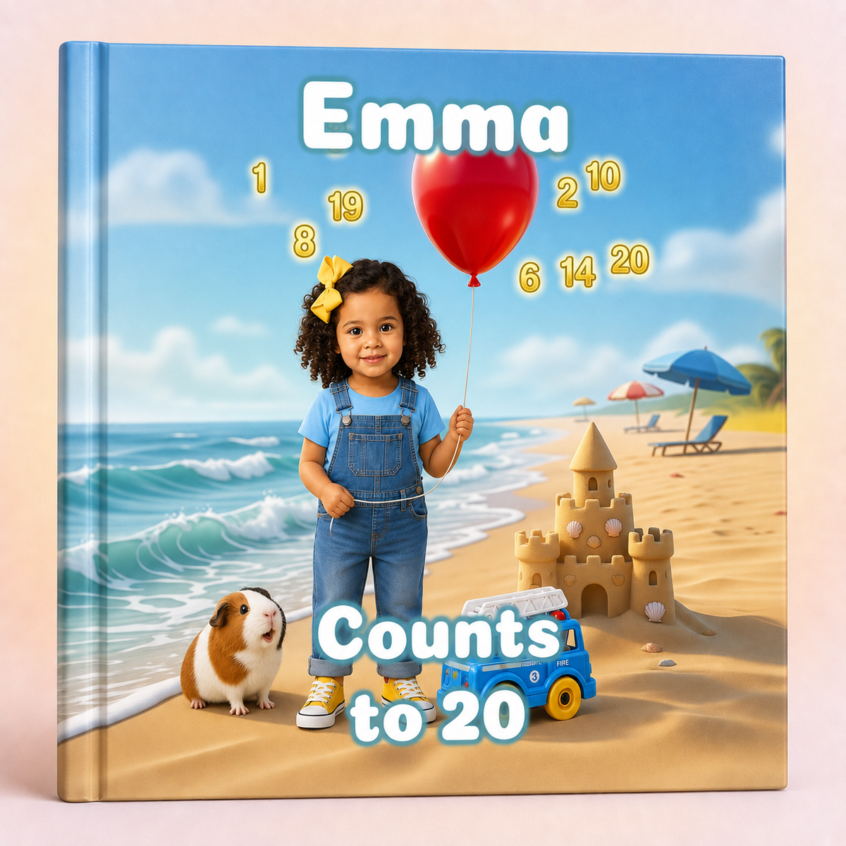 A personalized children's counting book cover shown upright on a light beige background. The cover features a beach scene with a young girl holding a red balloon, a guinea pig, a sandcastle, a blue toy car, and the text 'Emma Counts to 20' with numbers floating around the balloon.