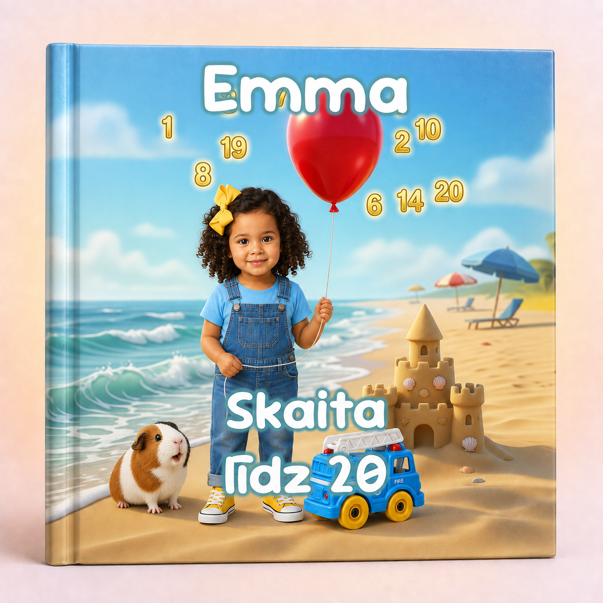 A personalized hardcover children's book standing upright on a light beige surface. The cover features a colorful beach scene with the name 'Emma' at the top, a child in blue overalls holding a red balloon, a guinea pig, a sandcastle, and a blue toy truck.