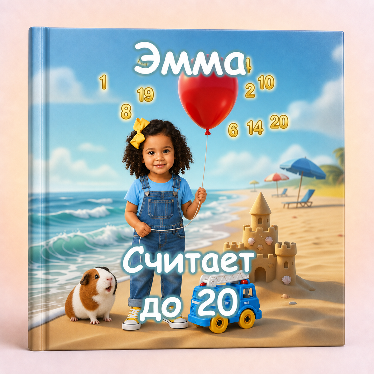 A hardcover children's book with a colorful beach illustration on the cover, featuring a young girl in blue overalls holding a red balloon, a guinea pig, a sandcastle, and a blue toy truck. The cover includes Cyrillic text and numbers arranged around the illustration.