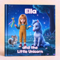 A hardcover personalized children's book titled 'Ella and the Little Unicorn' featuring a colorful cover illustration of a young girl, a blue unicorn, and a small gray mouse under a starry night sky.