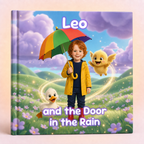 A hardcover children's book titled 'Leo and the Door in the Rain' shown standing upright against a light beige background. The cover features a colorful illustration of a young boy in a yellow raincoat holding a rainbow umbrella, with a yellow bird and a white duck in a flower field under a cloudy sky.