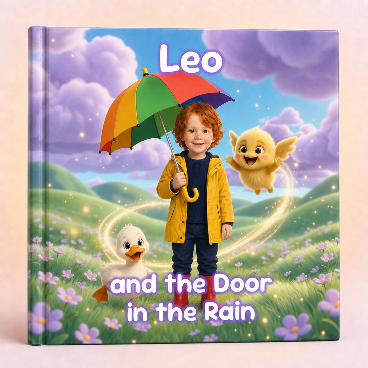 A hardcover children's book titled 'Leo and the Door in the Rain' shown standing upright against a light beige background. The cover features a colorful illustration of a young boy in a yellow raincoat holding a rainbow umbrella, with a yellow bird and a white duck in a flower field under a cloudy sky.