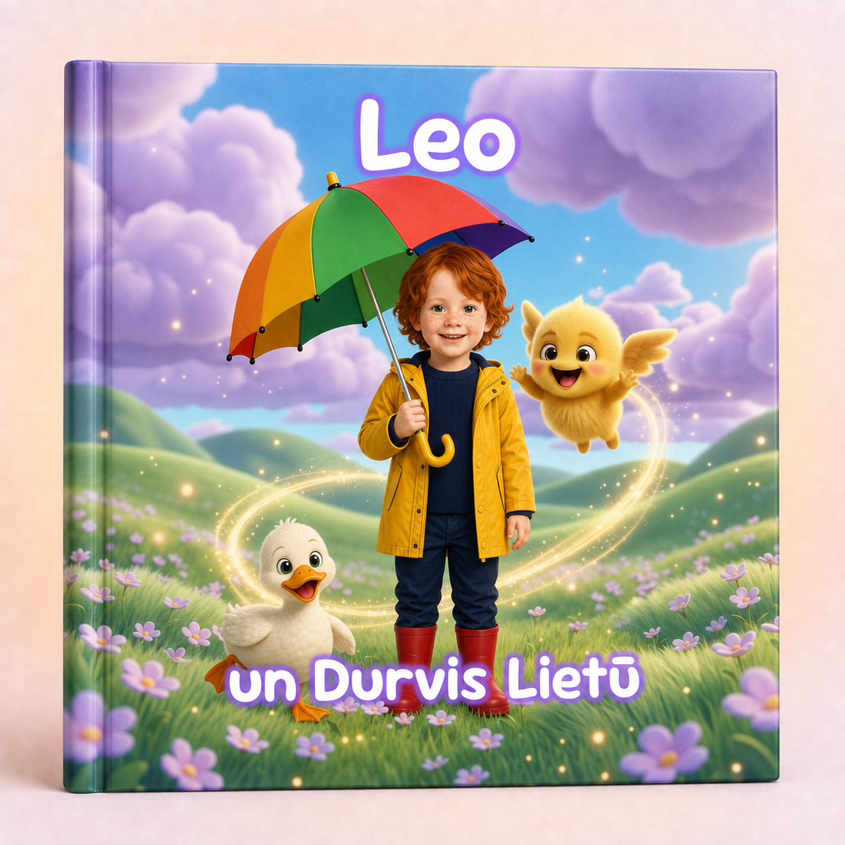 A personalized hardcover children's book cover featuring a colorful fantasy scene with a child in a yellow raincoat holding a rainbow umbrella, a duck, and a small yellow creature under purple clouds. The name 'Leo' is printed at the top, and the Lithuanian title 'un Durvis Lietó' appears at the bottom.