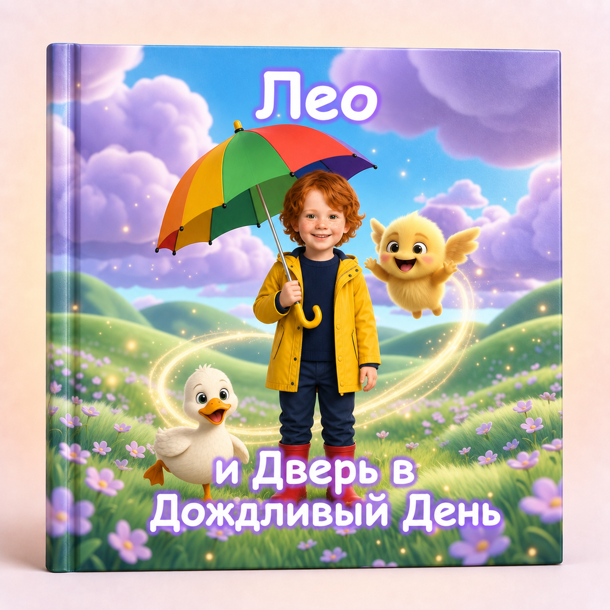 Personalized children's hardcover book cover featuring a colorful fantasy scene with a child in a yellow raincoat holding a rainbow umbrella, a duck, a small winged creature, and Russian text. The book is photographed upright against a light beige background.