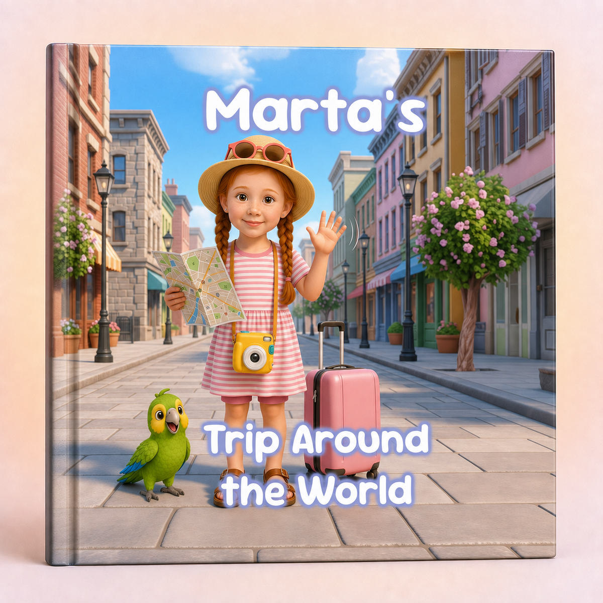 A custom hardcover children's book titled 'Marta's Trip Around the World' featuring a colorful illustration of a young girl traveler with a pink suitcase and a green parrot on a cobblestone street.