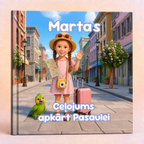 A personalized children's book cover shown upright against a light beige background. The cover features a colorful illustration of a girl in a straw hat and pink striped dress standing on a city street with a pink suitcase and a green parrot.