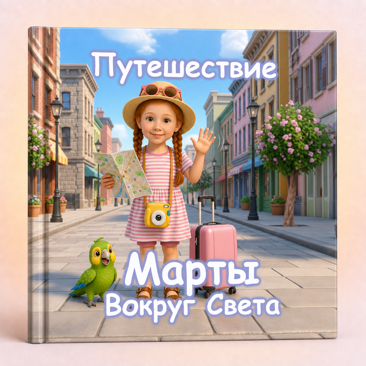 A hardcover book with a colorful illustrated cover showing a young girl in a straw hat standing on a city street with a pink suitcase and a green parrot. Large Cyrillic text is printed on the cover.