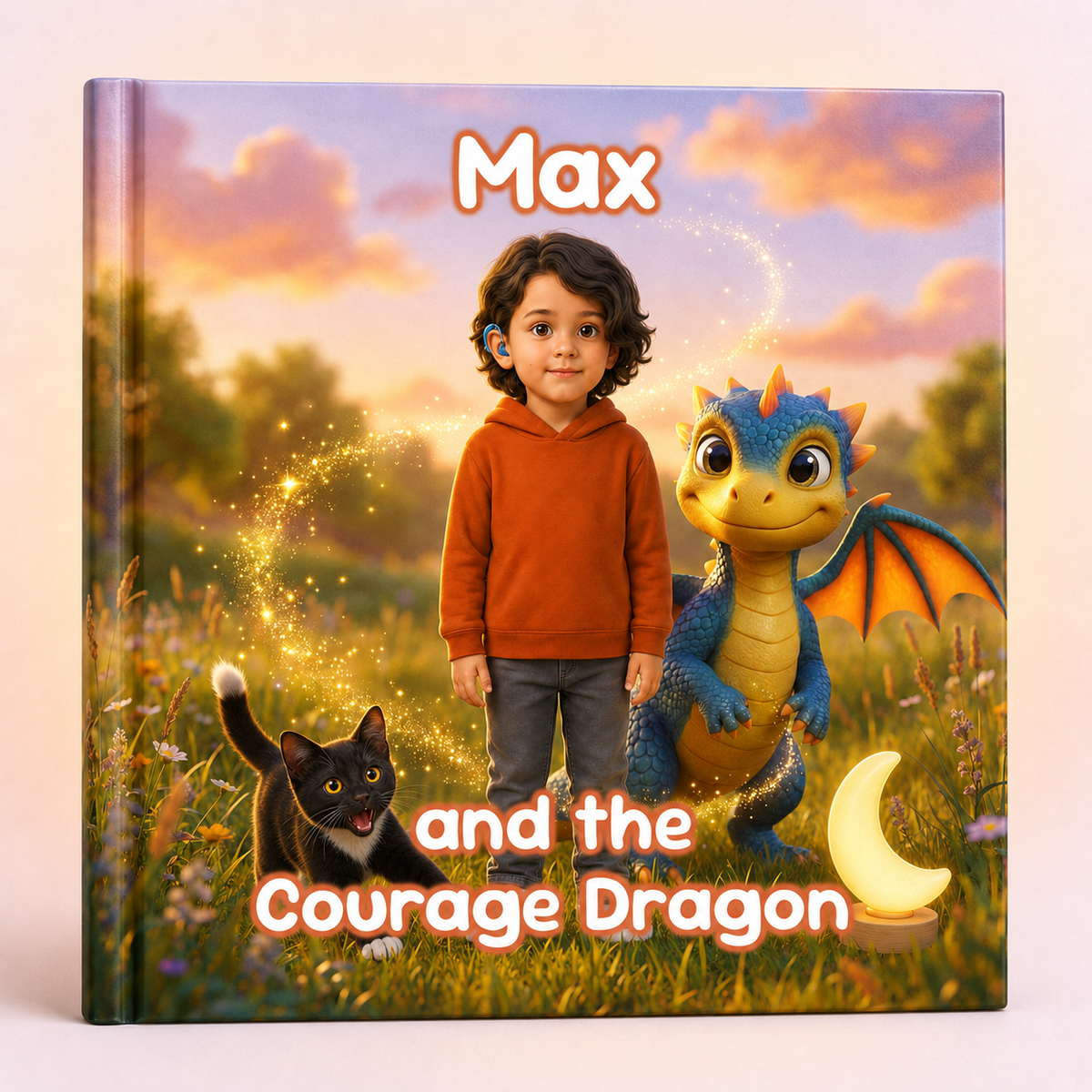 A hardcover children's book titled 'Max and the Courage Dragon' shown standing upright against a light beige background. The cover features a colorful fantasy illustration of a young boy in an orange hoodie standing next to a blue and yellow dragon, with a black cat and a glowing crescent moon in a grassy field under a sunset sky.