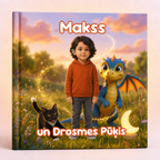 A custom hardcover children's book featuring a colorful illustration of a young boy in an orange hoodie standing in a grassy field with a blue dragon, a black cat, and a crescent moon, with the text 'Makss' and 'un Drosmes Pükis'.