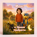 A hardcover children's book standing upright on a light beige surface. The cover shows a young boy in an orange hoodie standing in a grassy field with a blue dragon and a black cat, plus glowing text and a crescent moon lamp illustration.