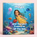 Personalized children's hardcover book titled 'Maya and the Lost Treasures of the Sea' featuring a colorful underwater illustration with a young girl in a yellow dress, fish, coral, and sea life on the cover, shown against a soft pink background.