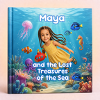 Personalized children's hardcover book titled 'Maya and the Lost Treasures of the Sea' featuring a colorful underwater illustration with a young girl in a yellow dress, fish, coral, and sea life on the cover, shown against a soft pink background.