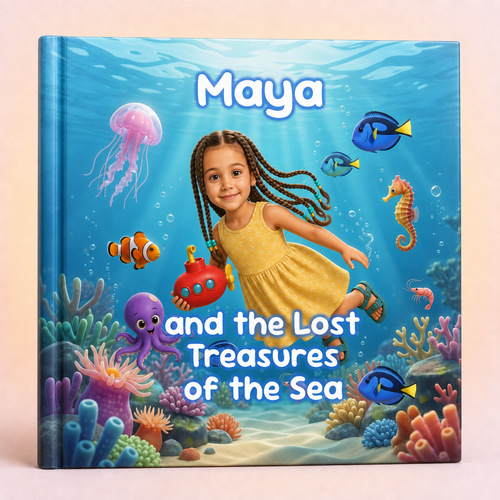 Personalized children's hardcover book titled 'Maya and the Lost Treasures of the Sea' featuring a colorful underwater illustration with a young girl in a yellow dress, fish, coral, and sea life on the cover, shown against a soft pink background.
