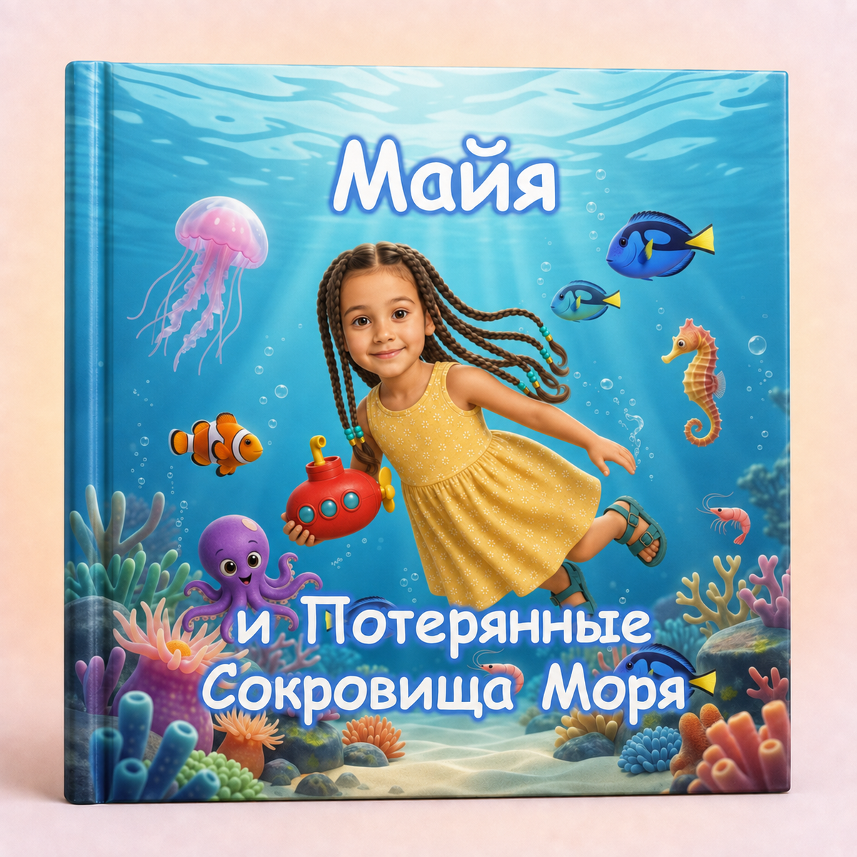 A hardcover children's book with a colorful underwater illustration. The cover shows a young girl with braided hair floating underwater, surrounded by sea creatures like a jellyfish, clownfish, seahorse, octopus, and coral.