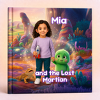 A hardcover children's book titled 'Mia and the Lost Martian' shown standing upright. The cover features a colorful, whimsical alien landscape with a young girl standing in the center holding a small rocket, accompanied by a green alien and a small lizard.