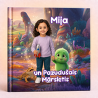 A personalized hardcover children's book with a colorful fantasy cover illustration. The cover shows a young girl standing in a glowing alien landscape with a green creature, a small lizard, and the text 'Mija' and 'un Pazuduşais Másietis'.