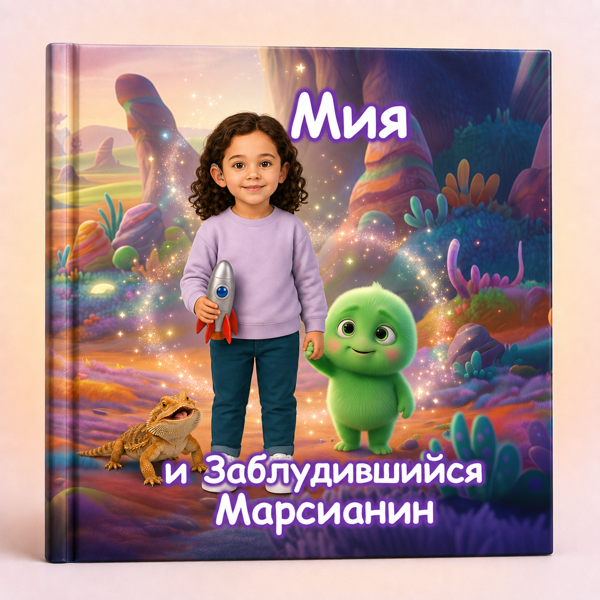 A hardcover children's book with a colorful space-themed cover illustration. The cover shows a young girl standing in a fantasy alien landscape, holding a small rocket, with a green alien and a small dinosaur-like creature beside her.