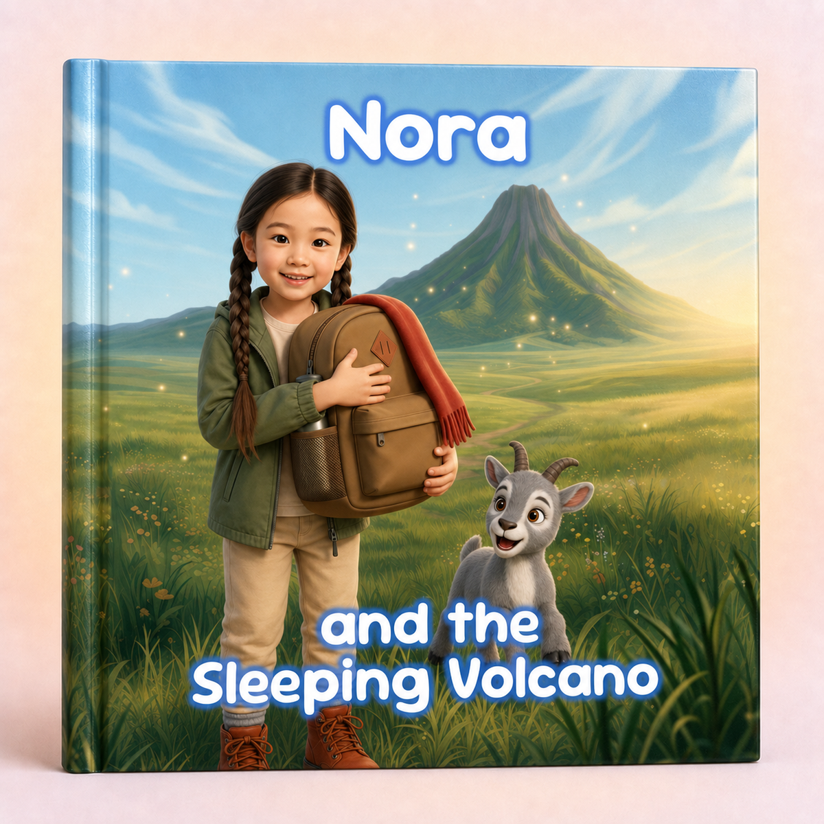 A hardcover children's book titled 'Nora and the Sleeping Volcano' shown standing upright against a soft pink background. The cover features a colorful illustration of a young girl with braided hair holding a brown backpack, standing in a grassy field with a sleeping volcano in the background and a small gray goat at her side.
