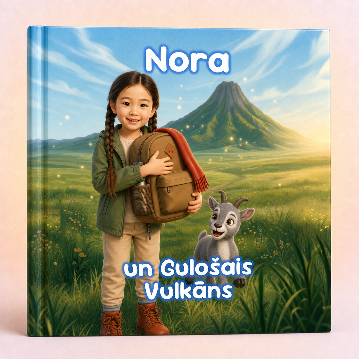 A hardcover children's book titled 'Nora un Guloşais Vulkàns' shown standing upright against a light pink background. The cover features a colorful illustration of a young girl with braided hair carrying a brown backpack, standing in a grassy field with a volcano in the background and a small gray goat beside her.