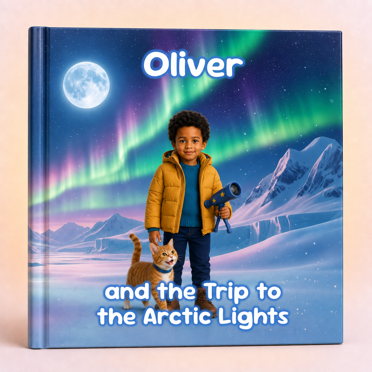 A custom hardcover children's book titled 'Oliver and the Trip to the Arctic Lights' featuring a personalized illustration of a young boy in a yellow puffer jacket standing on snowy mountains under a night sky with aurora borealis and a cat.