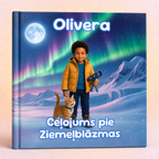 A personalized hardcover children's book titled 'Olivera' with the Latvian subtitle 'Ceālums pie Ziemċlčzmas'. The cover features a digital illustration of a young boy in a yellow jacket holding a telescope next to an orange cat under a starry night sky with green aurora borealis and a full moon.