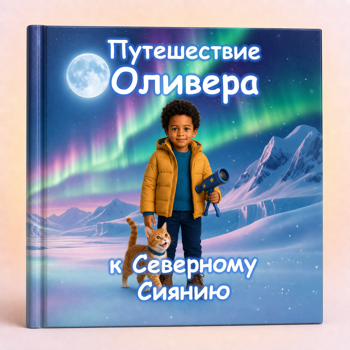 A hardcover children's book titled 'Путимедние колового' with Russian text 'К здоровой посторима', featuring an illustrated cover of a young boy in a yellow jacket standing in a snowy arctic landscape with aurora lights, mountains, a moon, and a cat.