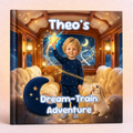 A personalized children's hardcover book titled 'Theo's Dream-Train Adventure' featuring a whimsical illustration of a young boy in blue pajamas waving a glowing star inside a train carriage filled with clouds, a crescent moon, and a rabbit.